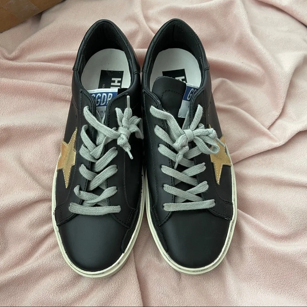 Golden Goose Black Hi Star Sneakers with Gold Star | US Size 7